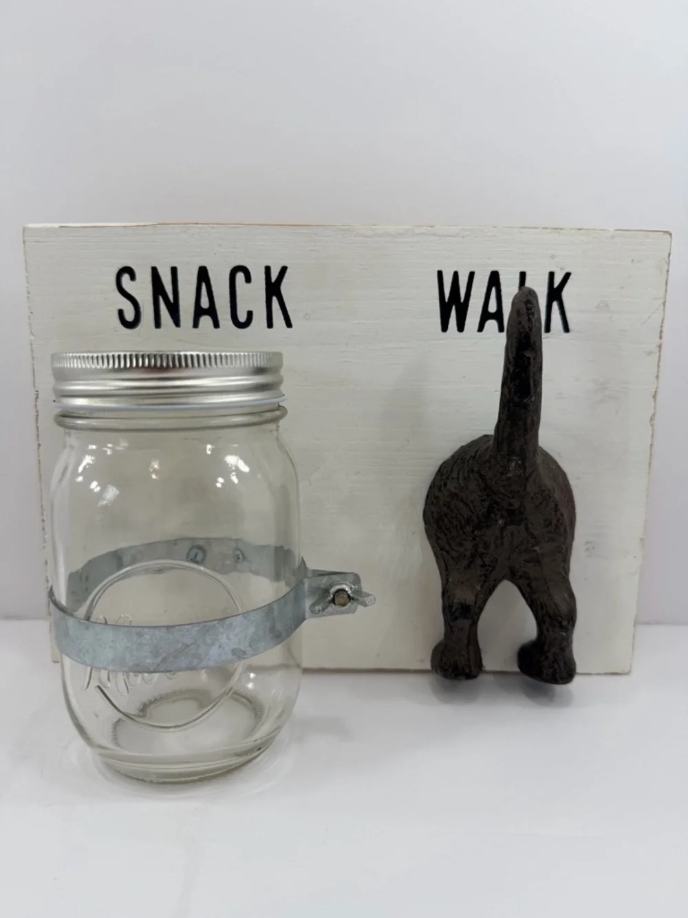 Mud Pie Treat Keeper Leash Hook Hanger White Wood Cast Iron Mason Jar Wall Decor